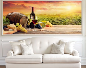 Vineyard Wallpaper // Barrel Wineglasses Cheese And Bottle In Vineyard At Sunset // Wallpaper