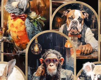 Tapeta "Zwierzęta Barowe" w 200% skalowana. Byk, szympans, lew, jeleń, orzeł, koza, chomik, papuga, szop, żyrafa, koala, królik, niedźwiedzie i inne.