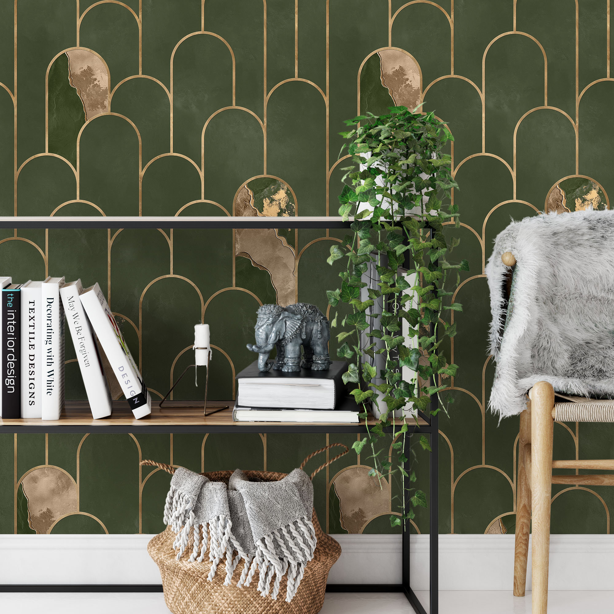 Rifle Green and Pale Gold Wallpaper, Art Deco Arches Wallpaper. Dark ...