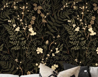 Tapeta „Głęboki Las Mchu”, Tapeta „Magiczny Las”. Ciemna oliwkowa zieleń, złoty fuzja, ziemista żółć, iroko i głęboki szampański odcień.