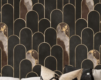 Papel pintado Roble Castaño Negro y Beige Francés, Papel pintado Arcos Art Déco. Tonos de color Oliva Negra, Cola, Piña, Marrón Oscuro y Moca.