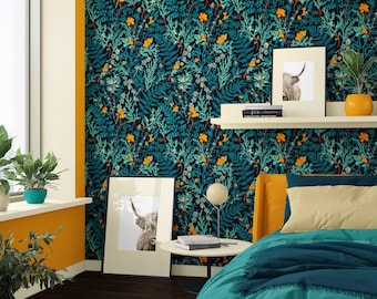 Tapeta leśna w kolorach zieleni Viridian Green i Kumquat, tapeta botaniczna Vintage Forest. Odcienie niebieskiego antracytu, skórki pomarańczy i perłowej akwamaryny.