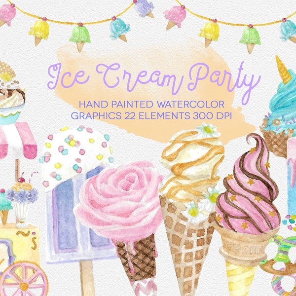 Ice Cream Party Watercolor Clipart, Hand painted, popsicle, summer, unicorn, desserts, instant download, card making, scrapbooking