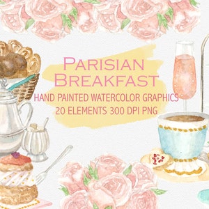 Clipart de acuarela de desayuno parisino, macarrón, gráfico digital, descarga instantánea, creación de tarjetas, francés, café, álbum de recortes, éxito de ventas