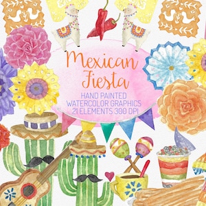 Clipart aquarela Fiesta mexicano, gráfico digital, aniversário, encanto, frida, cacto, pintado à mão, arte floral, gráfico de flores, pinata, festa
