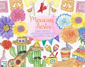 Mexican Fiesta watercolor clipart, digital graphic, birthday, encanto, frida, cactus, handpainted, floral art, flower graphic, pinata, party