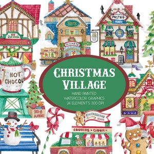 Pueblo navideño, clipart de acuarela, gráficos, temporada festiva, Papá Noel, pan de jengibre, bastón de caramelo, invierno, corona, lindo, álbum de recortes, pegatina