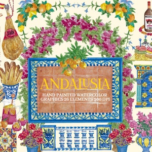 Andalusië aquarel clipart, digitale graphics, Instant Download, Moors, handbeschilderd, bloemsierkunst, Spanje, Sevilla, Majolica, Espana