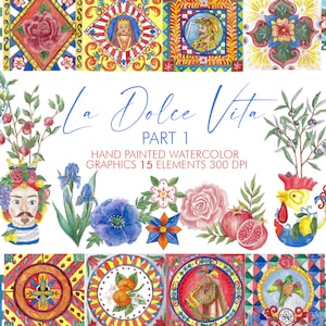 La Dolce Vita Teil 1, Aquarell Clipart, digitale Grafik, Chinoiserie, sofort-Download, Blumen, Sommer, Sizilien, Italien, Carretto