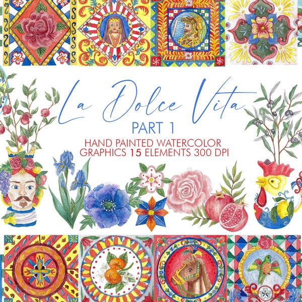 La Dolce Vita Part 1 Watercolor Clipart, Digital Graphics, chinoiserie, instant download, floral, summer, sicily, italy, carretto