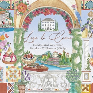 Peut inclure: Illustration à l'aquarelle représentant un paysage italien avec le texte "Lago di Como". L'image comprend une villa, un bateau, de la nourriture et des éléments floraux. L'œuvre a une bordure décorative et des détails architecturaux.