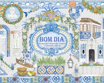 Bom Dia Watercolor Clipart, Digital Graphics, chinoiserie, instant download, floral, summer, portugal, mediterranean, coastal, lisbon