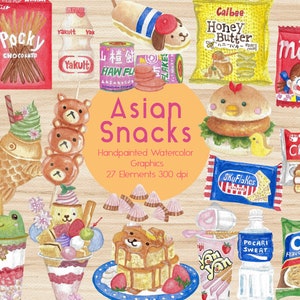 Clipart acquerello kawaii di snack asiatici, illustrazione di cibo, cibo giapponese, carino, digitale, download immediato, pocky, meiji, yanyan, calbee