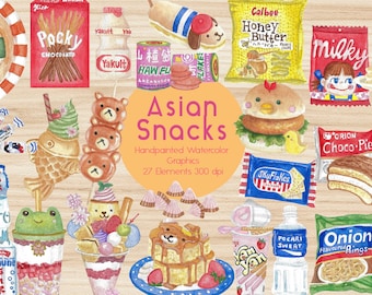 Kawaii Asian Snacks Watercolor Clipart, Food Illustration (Digital Download)