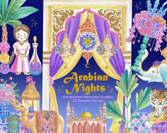 Arabian Nights Clipart Set, digital graphic, birthday ,aladdin, moroccan, handpainted, floral art, flower graphic, desert, party