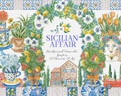 Sicilian Affair Watercolor Clipart, Digital Graphics, wedding, chinoiserie, handpainted, instant download, floral art, summer, sicily, italy