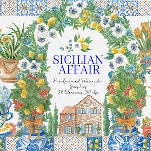 Sizilianische Affäre Aquarell Clipart, digitale Grafik, Hochzeit, Chinoiserie, handbemalt, Sofort Download, Blumenkunst, Sommer, Sizilien, Italien