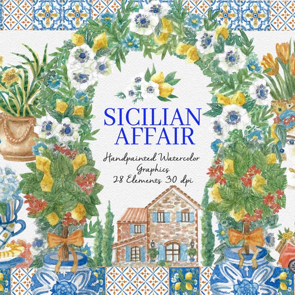 Sicilian Affair Watercolor Clipart, Digital Graphics, wedding, chinoiserie, handpainted, instant download, floral art, summer, sicily, italy