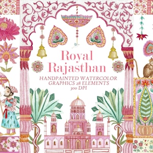 Royal Rajasthan Watercolor Clipart, Digital Graphics, indian, motifs, wedding, paisley, handpainted, floral, mehndi, india, haveli, diwali