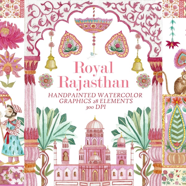 Clipart aquarelle royal du Rajasthan, graphiques numériques, indien, motifs, mariage, cachemire, peint à la main, floral, mehndi, inde, haveli, diwali