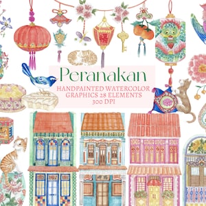 Peranakan Acuarela Clipart, Gráficos Digitales, chinoiserie, descarga instantánea, floral, verano, Malasia, Indonesia, Sudeste de Asia, asiático