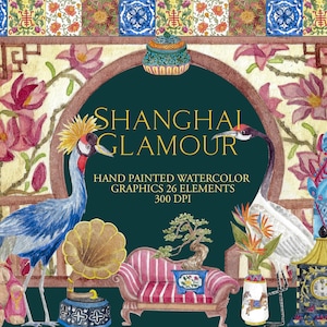 Imágenes prediseñadas de acuarela de glamour de Shanghái, gráficos digitales, chinoiserie, descarga instantánea, floral, chino, chinoiserie, decoraciones, interior, oscuro