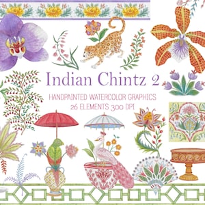 以下が含まれることがあります： Indian Chintz 2と題された水彩画グラフィックのコレクション。ヒョウ、クジャク、蘭、ヤシの木、花瓶、ランタン、台座付きテーブル、花柄など、手描きされた26の要素が白い背景に配置されています。