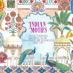 Indische Motive Aquarell Clipart, digitale Grafiken, Hochzeit, Paisley, handbemalt, sofort download, Blumenkunst, mehndi, india, Elefant