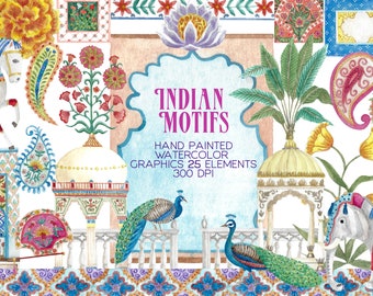 Clipart aquarelle de motifs indiens, graphiques numériques, mariage, cachemire, peint à la main, téléchargement immédiat, art floral, mehndi, Inde, éléphant