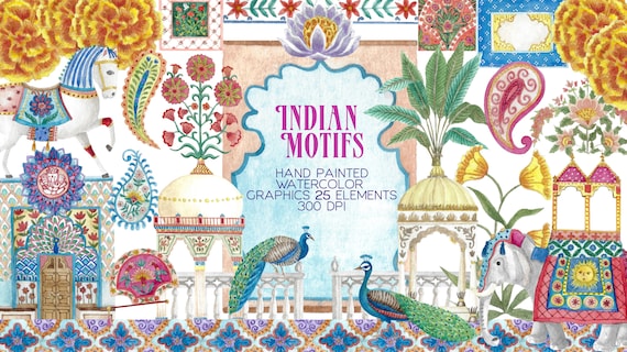Indian Motifs Watercolor Clipart, Digital Graphics, wedding, paisley, handpainted, instant download, floral art, mehndi, india, elephant