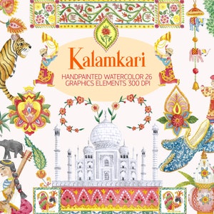 Kalamkari aquarela clipart, gráficos digitais, casamento, paisley, pintado à mão, download instantâneo, arte floral, mehndi, índia, elefante, taj