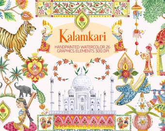 Peut inclure: Une collection de 26 illustrations aquarelle peintes à la main représentant des éléments culturels indiens. Les illustrations comprennent un tigre, des éléphants, le Taj Mahal, une guirlande florale, une chaussure, un instrument de musique et une procession de mariage traditionnelle indienne. Le texte "Kalamkari" est écrit dans une police décorative.