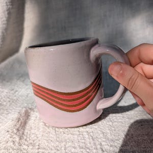16 oz. Pink Striped Wavy Mug | Handmade Wheelthrown Coffee Mug, Cheerful, Ceramic Pottery Cup, Spring, Light Pink, Trendy, Baby Pink, Pastel