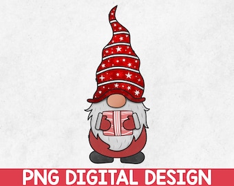 May include: A red and white gnome with a white beard holding a red gift box. The gnome is wearing a red hat with white stars.