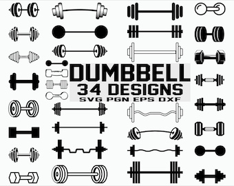May include: A set of 34 black and white dumbbell SVG designs. The designs include various styles of dumbbells, barbells, and weights.