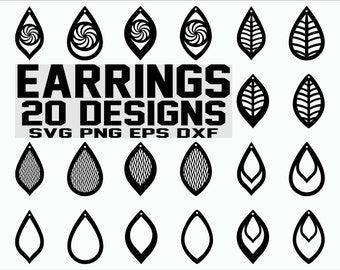 May include: A set of 20 earring designs in black, perfect for crafting and creating unique jewelry. The designs include geometric shapes, leaves, and swirls.  EARRINGS 20 DESIGNS SVG PNG EPS DXF