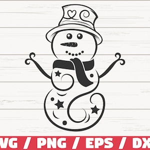 May include: A black and white silhouette of a snowman with a hat, scarf, and a carrot nose. The snowman is decorated with stars and swirls.