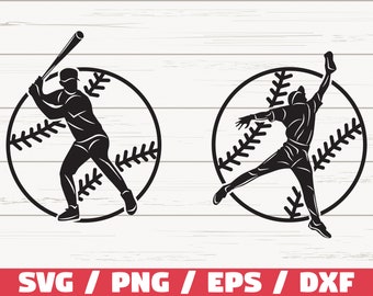 May include: Two black and white baseball-themed illustrations. One shows a batter swinging a bat inside a baseball outline. The other depicts a player catching a ball, also within a baseball outline. The bottom of the image has the text "SVG / PNG / EPS / DXF".
