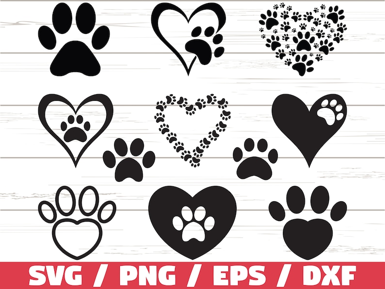 K&ouml;nnte beinhalten: Ein Set mit 10 schwarzen und wei&szlig;en Pfotenabdruck- und Herzdesigns. Die Designs beinhalten Pfotenabdr&uuml;cke, Herzen und Pfotenabdr&uuml;cke in Herzen. Die Designs sind perfekt f&uuml;r Basteln, Scrapbooking und andere kreative Projekte.