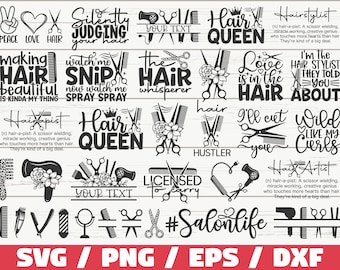 May include: A collection of 25 black and white SVG cut files for hair stylists. The designs include text such as "Hair Queen", "Hair Whisperer", "I'm the Hair Stylist They Told You About", and "Wild Like My Curls".