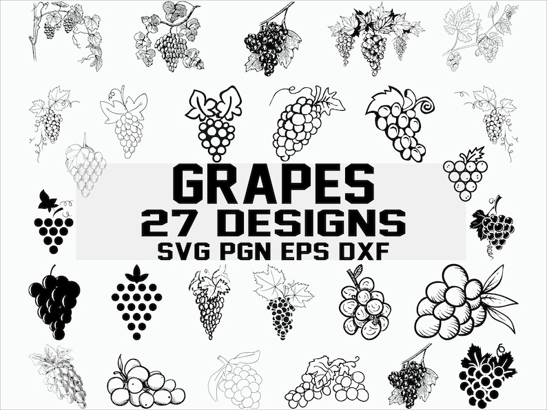 May include: A set of 27 black and white line art designs of grapes. The designs include grapes on the vine, bunches of grapes, and individual grapes. The text "GRAPES 27 DESIGNS SVG PNG EPS DXF" is at the bottom of the image.