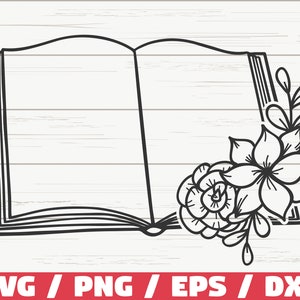 May include: A black and white line drawing of an open book with a floral design on the right side. The book is closed and has a simple design.