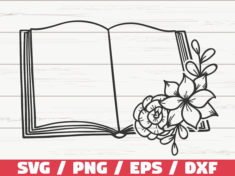 May include: A black and white line drawing of an open book with a floral design on the right side. The book is closed and has a simple design.