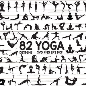 Könnte beinhalten: Ein Set mit 82 schwarzen und weißen Silhouetten von Yoga-Posen. Die Posen sind in Reihen und Spalten auf einem weißen Holzgrund angeordnet. Der Text "82 Yoga Designs SVG PNG EPS DXF" befindet sich am unteren Rand des Bildes.