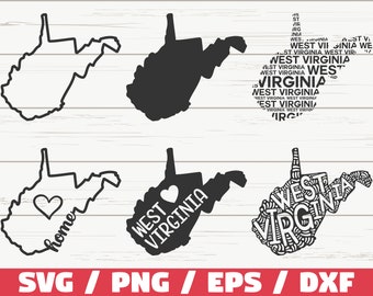 May include: Four different designs of the state of West Virginia. The first two are outlines of the state, one black and one white. The third design has a heart with the word "home" inside the state outline. The fourth design has the words "West Virginia" written inside the state outline.