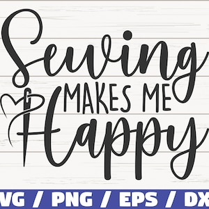 Puede incluir: Diseño gráfico en blanco y negro con una aguja e hilo, y el texto "Coser me hace feliz".