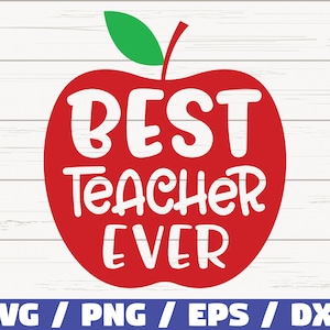 May include: Red apple with a green leaf and the text "BEST TEACHER EVER" in white.