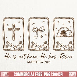 Puede incluir: Ilustración digital en tonos sepia con tres paneles enmarcados. Los paneles representan una cruz, un lazo y una tumba vacía, cada uno con detalles florales y estrellas. El texto "He is not here, He has Risen" está debajo, con "MATTHEW 28:6".