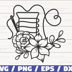 Puede incluir: Ilustración en blanco y negro de línea de arte de un carrete de hilo con una aguja y acentos florales.