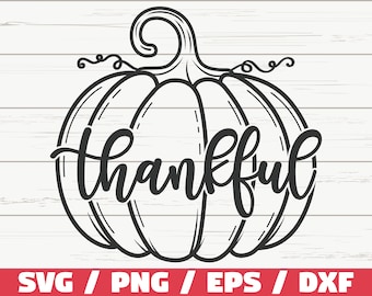 May include: Black and white illustration of a pumpkin with the word "thankful" written inside.